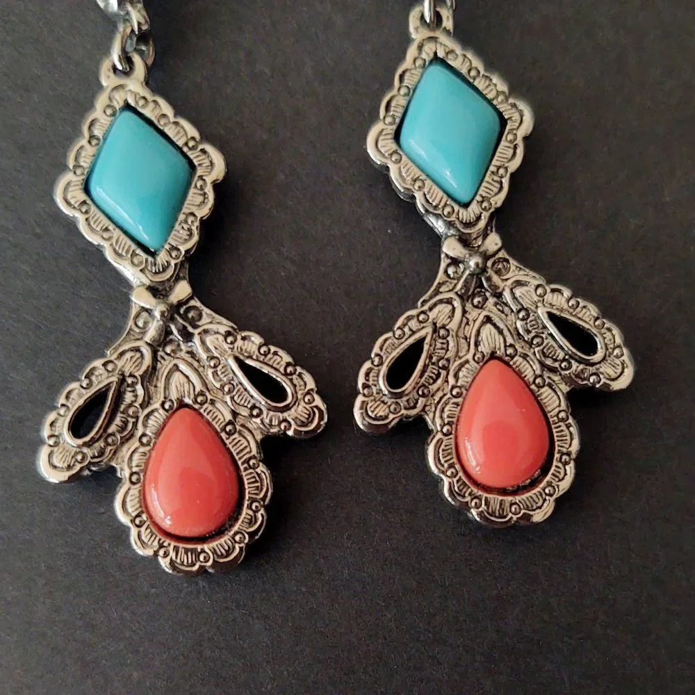 Coral and turquoise beaded earrings with silver base